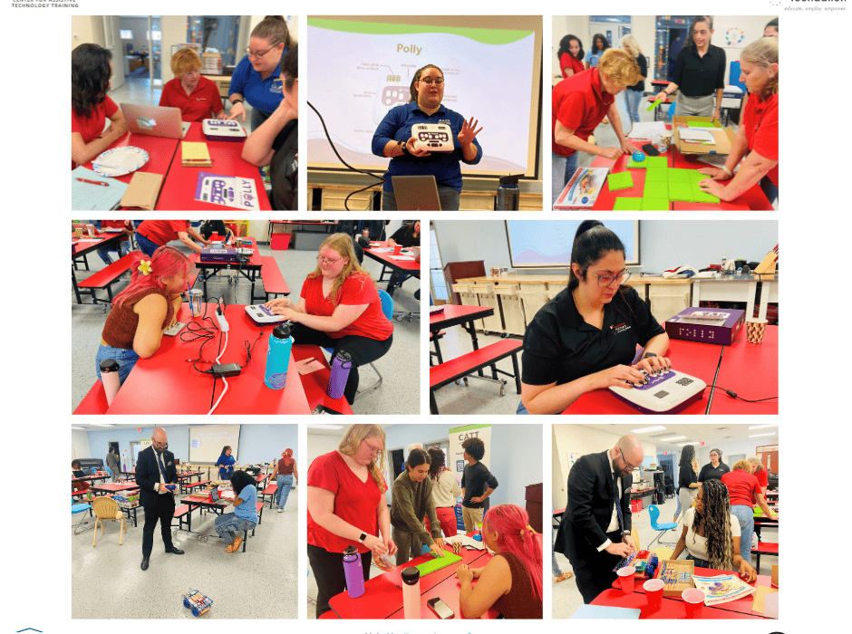 Image shows a collage of NBCF staff members working with the CATT team on adaptive tech. Included on the image are the logos for CATT, NBCF, AIDB, FBC, and APH.