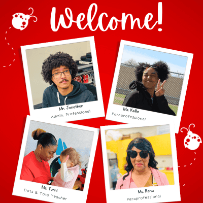 Image shows several photographs of the four new team members at NBCF. Image reads, "Welcome!"