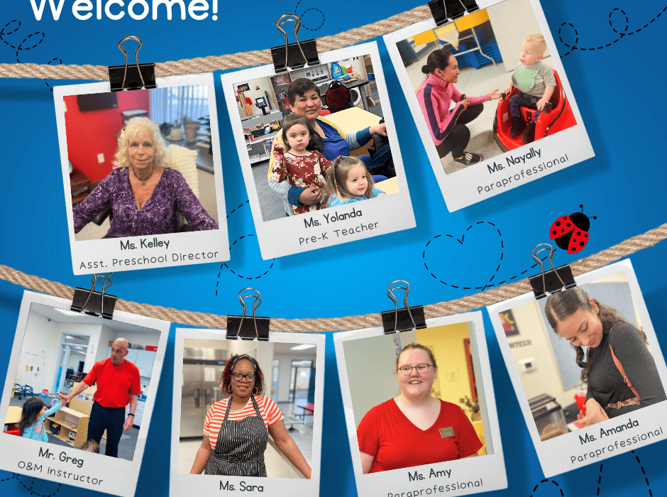 Image with a ladybug background shows photographs of all new NBCF staff. Staff names and positions are listed as, "Ms. Kelley, Asst. Preschool Directorm, Ms. Yolanda, Pre-K Teacher, Ms. Nayally, Paraprofessional, Mr. Greg, O&M Instructor, Ms. Sara, Preschool Cook, Ms. Amy, Paraprofessional, Ms. Amanda, Paraprofessional."